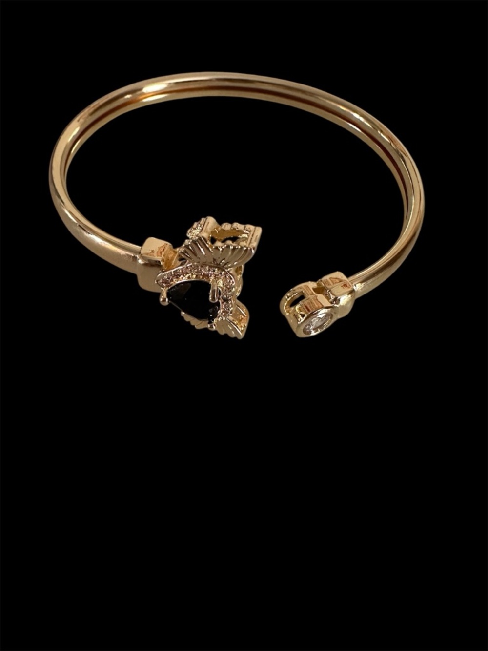 Gold Open Cuff Bracelet with Black Stone Accent - Women Jewelry - Picture 3 of 7